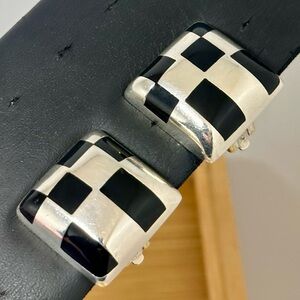 Taxco Mexico Artisan Sterling Silver Black Onyx Checkered Clip-on Earrings